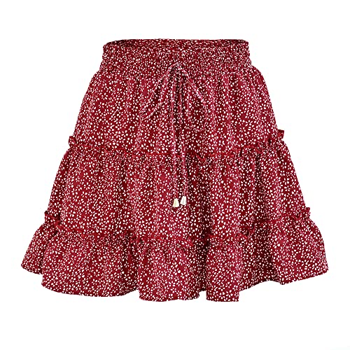 Acramy Damen Kurze Röcke A-Linie Faltenrock Mini Sommerrock Boho Rock (L, Rot) von Acramy