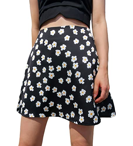 Acramy Damen Kurzer Rock Sommer Blumen Minirock A-Linie Rock (S, Black Flowers) von Acramy