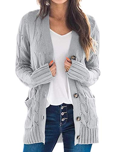 Acramy Damen Langarm Strickmantel Casual Warm Cardigan Strickjacke mit Taschen und Knöpfe (L, B-grau) von Acramy