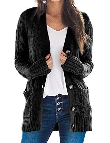 Acramy Damen Langarm Strickmantel Casual Warm Cardigan Strickjacke mit Taschen und Knöpfe (XL, B-schwarz) von Acramy