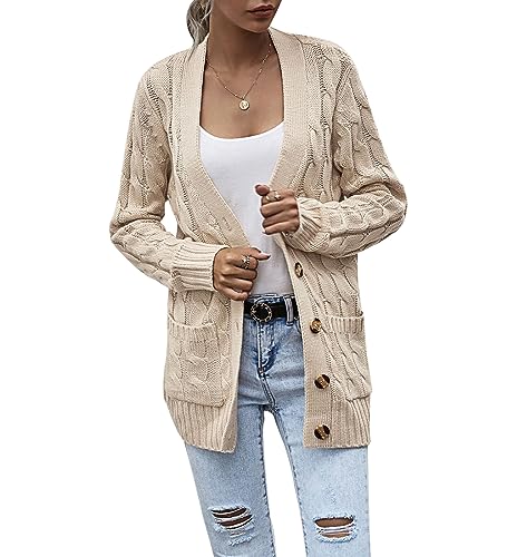 Acramy Damen Langarm Strickmantel Casual Warm Cardigan Strickjacke mit Taschen und Knöpfe (XXL, B-Beige) von Acramy