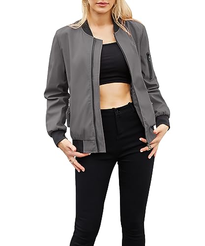 Acramy Damen Leicht Fliegerjacke Übergangsjacke Stehkragen Dünne Bomberjacke (Grau, XXL) von Acramy