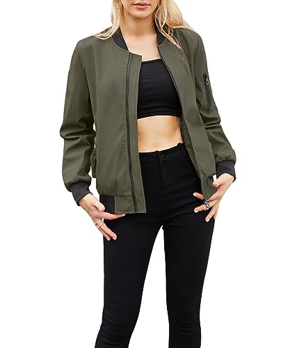 Acramy Damen Leicht Fliegerjacke Übergangsjacke Stehkragen Dünne Bomberjacke (Grün, M) von Acramy