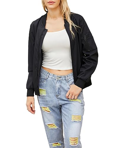 Acramy Damen Leicht Fliegerjacke Übergangsjacke Stehkragen Dünne Bomberjacke (Schwarz, L) von Acramy