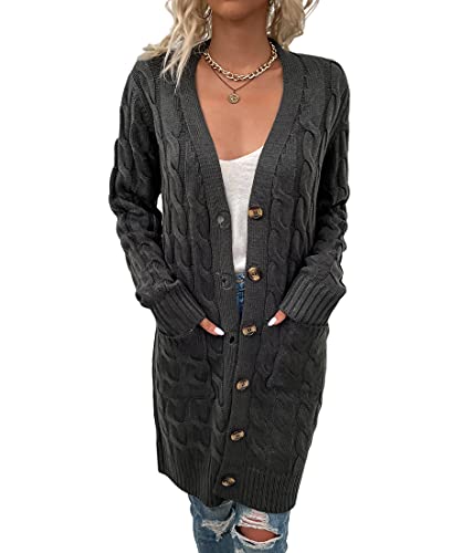 Acramy Damen Mantel Herbst Winter Strickjacke Lang Grobstrick Cardigan Strickmantel mit Knöpfen (S, Dunkelgrau) von Acramy