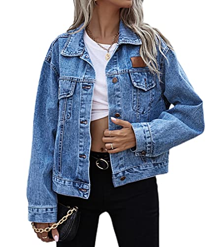 Acramy Damen Mantel kurze Jeansjacke Langarm Denim Jacke (XS, Blau) von Acramy