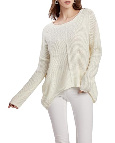 Acramy Damen Pullover Langarm Dünne Strickpullover Einfarbiger Schulterfrei Pullover Frühling/Herbst/Winter (L, Weiß) von Acramy