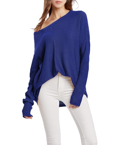 Acramy Damen Pullover Langarm Dünne Strickpullover Einfarbiger Schulterfrei Pullover Frühling/Herbst/Winter (M, Blau) von Acramy