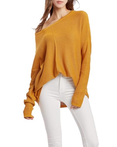 Acramy Damen Pullover Langarm Dünne Strickpullover Einfarbiger Schulterfrei Pullover Frühling/Herbst/Winter (S, Gelb) von Acramy