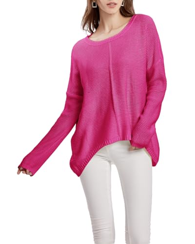 Acramy Damen Pullover Langarm Dünne Strickpullover Einfarbiger Schulterfrei Pullover Frühling/Herbst/Winter (XL, Rosa) von Acramy