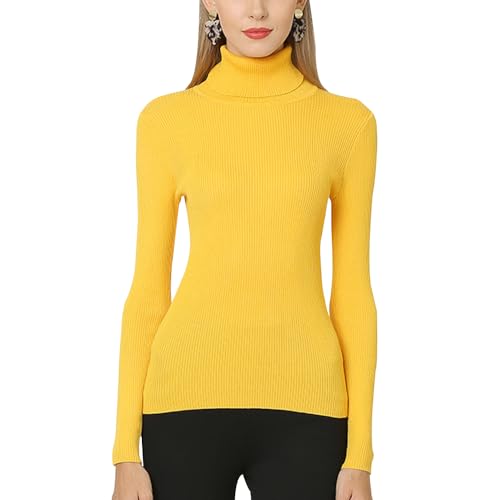 Acramy Damen Pullover Rollkragen Oversize Pulli Strick Basic Strickpullover Dünn Strickpulli (XXL, Gelb) von Acramy