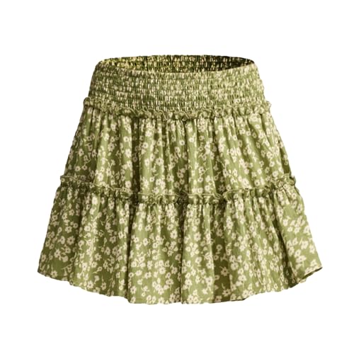 Acramy Damen Rock A-Linie Kurz Sommerrock Bequemer Faltenrock Mini Skater Rock mit Shorts (L, Grün Blumen) von Acramy