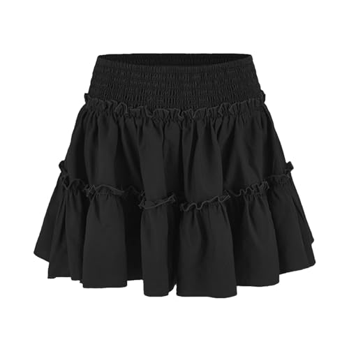 Acramy Damen Rock A-Linie Kurz Sommerrock Bequemer Faltenrock Mini Skater Rock mit Shorts (L, Schwarz) von Acramy