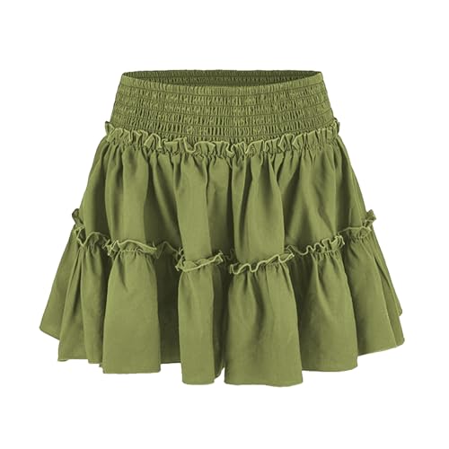 Acramy Damen Rock A-Linie Kurz Sommerrock Bequemer Faltenrock Mini Skater Rock mit Shorts (M, Grün) von Acramy
