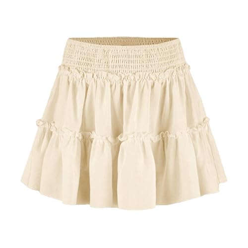 Acramy Damen Rock A-Linie Kurz Sommerrock Bequemer Faltenrock Mini Skater Rock mit Shorts (S, Beige) von Acramy