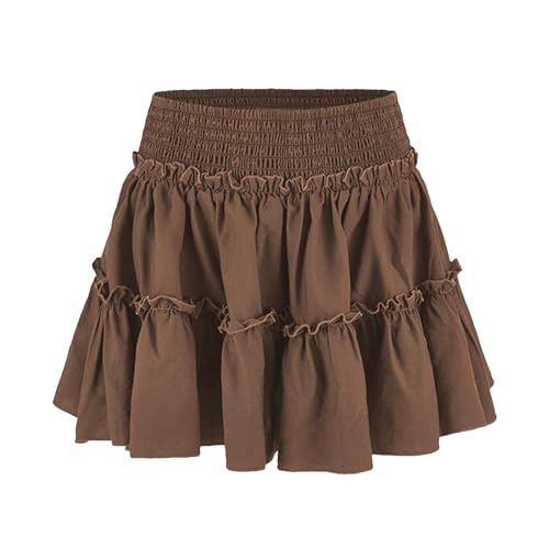 Acramy Damen Rock A-Linie Kurz Sommerrock Bequemer Faltenrock Mini Skater Rock mit Shorts (S, Braun) von Acramy