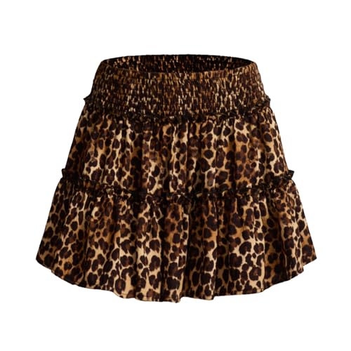 Acramy Damen Rock A-Linie Kurz Sommerrock Bequemer Faltenrock Mini Skater Rock mit Shorts (S, Braun Leopard) von Acramy