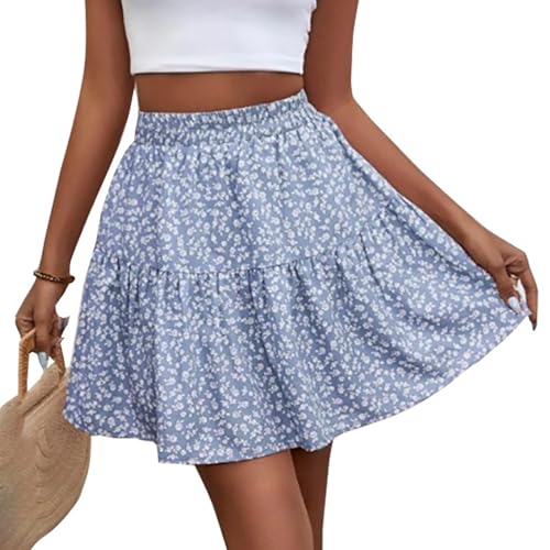 Acramy Damen Rock Sommer A-Linie Minirock Blumen Rock Kurz Sommerrock (L, Blau) von Acramy