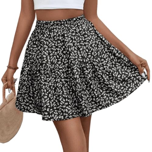 Acramy Damen Rock Sommer A-Linie Minirock Blumen Rock Kurz Sommerrock (L, A-Schwarz) von Acramy