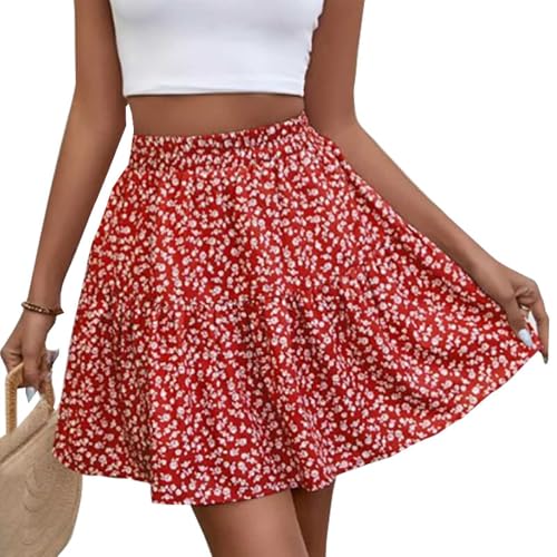 Acramy Damen Rock Sommer A-Linie Minirock Blumen Rock Kurz Sommerrock (XXL, Rot) von Acramy
