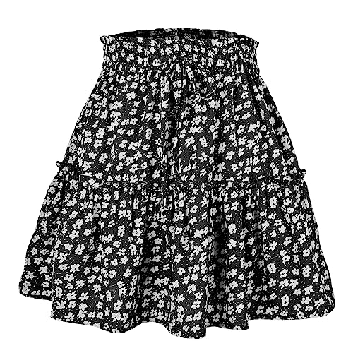 Acramy Damen Rock Sommer A-Linie Minirock Blumen Sommerrock Boho Faltenrock (L, Schwarz 1) von Acramy