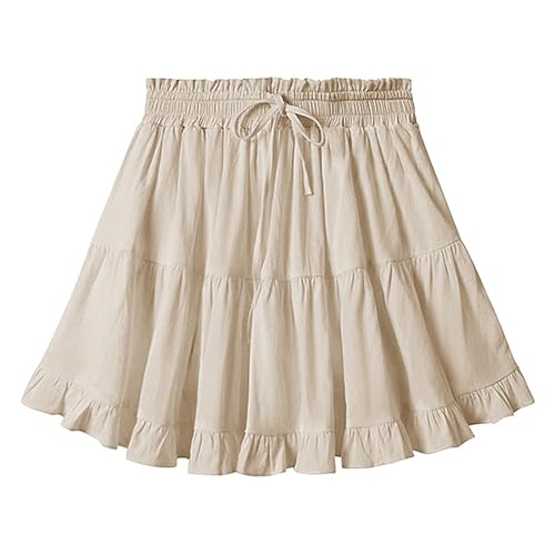 Acramy Damen Rock Sommer A-Linie Sommerrock Einfarbig Mini Rock mit Shorts (L, Beige) von Acramy