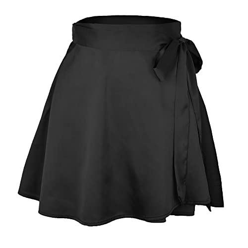 Acramy Damen Röcke Kurz Sommer Chiffon Minirock A-Linie Rock mit Gürtel (L, Schwarz) von Acramy