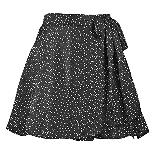 Acramy Damen Röcke Kurz Sommer Chiffon Minirock A-Linie Rock mit Gürtel (L, Schwarz 1) von Acramy