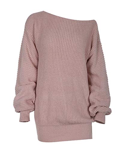 Acramy Damen Schulterfrei Pullover Kleid Langarm Strickkleid One Shoulder Pullover Strick Pulli Herbst/Winter (L, Rosa) von Acramy