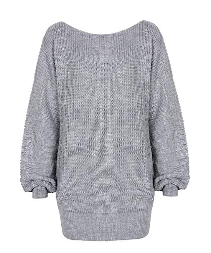 Acramy Damen Schulterfrei Pullover Kleid Langarm Strickkleid One Shoulder Pullover Strick Pulli Herbst/Winter (M, Grau) von Acramy