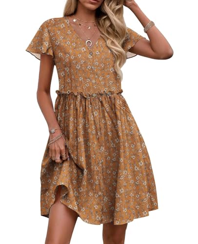 Acramy Damen Sommerkleid Kurzarm V-Ausschnitt Strandkleid Knielang Elegant Kleid mit Taschen (L, Braun) von Acramy