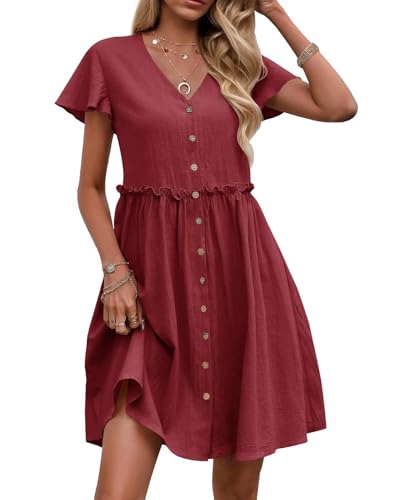 Acramy Damen Sommerkleid Kurzarm V-Ausschnitt Strandkleid Knielang Elegant Kleid mit Taschen (L, Weinrot) von Acramy