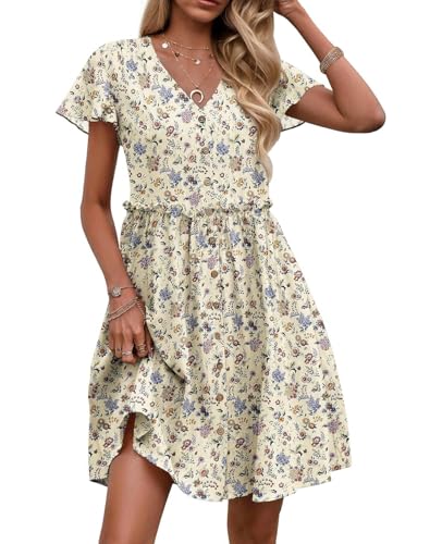 Acramy Damen Sommerkleid Kurzarm V-Ausschnitt Strandkleid Knielang Elegant Kleid mit Taschen (S, Beige) von Acramy