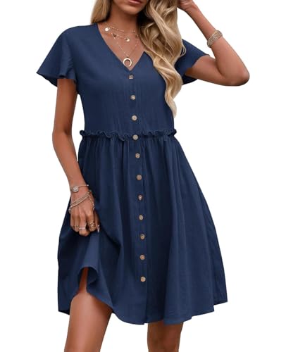Acramy Damen Sommerkleid Kurzarm V-Ausschnitt Strandkleid Knielang Elegant Kleid mit Taschen (S, Marineblau) von Acramy