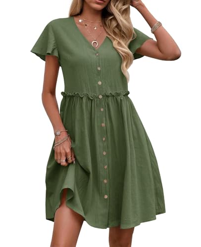 Acramy Damen Sommerkleid Kurzarm V-Ausschnitt Strandkleid Knielang Elegant Kleid mit Taschen (XXL, Grün) von Acramy