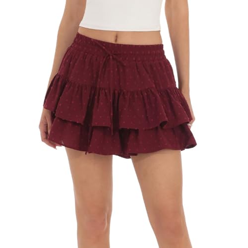 Acramy Damen Sommerrock A-Linie Kurz Rüschen Faltenrock Bequemer Mini Skater Rock mit Shorts (S, Rot) von Acramy