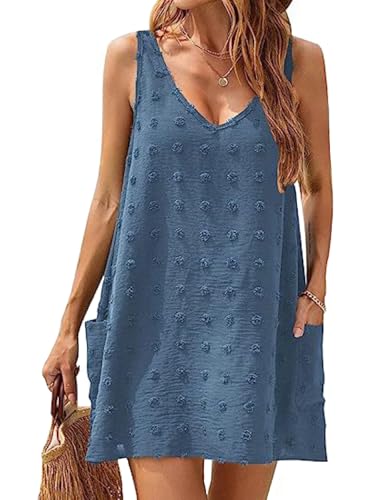 Acramy Damen Strandkleid A-Linie Kleid Sommer Ärmellos Strandkleider Kurze Sommerkleider (L, Blau) von Acramy