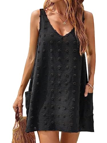 Acramy Damen Strandkleid A-Linie Kleid Sommer Ärmellos Strandkleider Kurze Sommerkleider (XXL, Schwarz) von Acramy