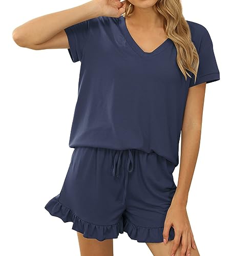 Acramy Damen Tshirt und Shorts 2 teiler Set Sommer Zweiteilig Kurz Schlafanzug Pyjama Set (A-Blau, S) von Acramy