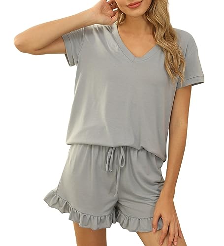 Acramy Damen Tshirt und Shorts 2 teiler Set Sommer Zweiteilig Kurz Schlafanzug Pyjama Set (A-Grau, S) von Acramy