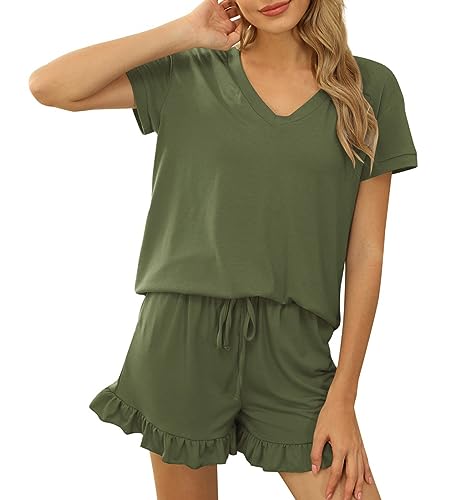 Acramy Damen Tshirt und Shorts 2 teiler Set Sommer Zweiteilig Kurz Schlafanzug Pyjama Set (A-Grün, M) von Acramy