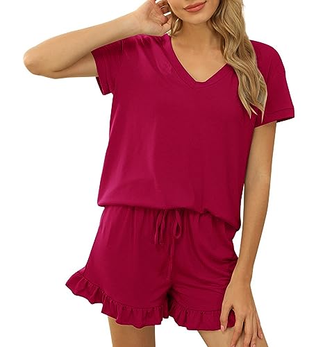 Acramy Damen Tshirt und Shorts 2 teiler Set Sommer Zweiteilig Kurz Schlafanzug Pyjama Set (A-Rot, L) von Acramy