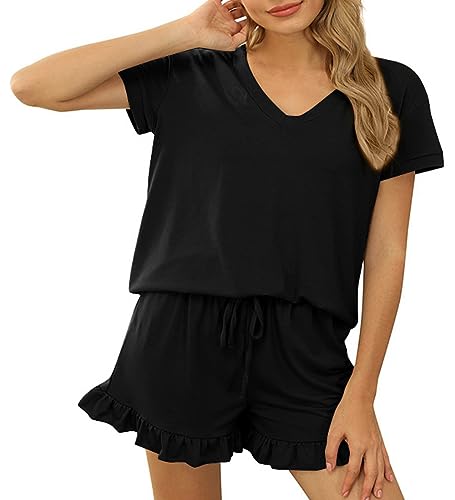 Acramy Damen Tshirt und Shorts 2 teiler Set Sommer Zweiteilig Kurz Schlafanzug Pyjama Set (A-Schwarz, L) von Acramy