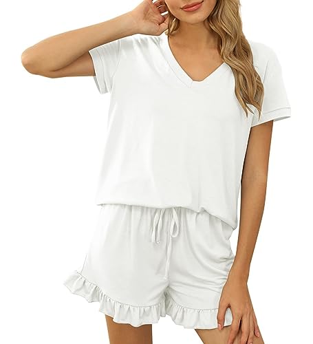 Acramy Damen Tshirt und Shorts 2 teiler Set Sommer Zweiteilig Kurz Schlafanzug Pyjama Set (A-Weiß, L) von Acramy