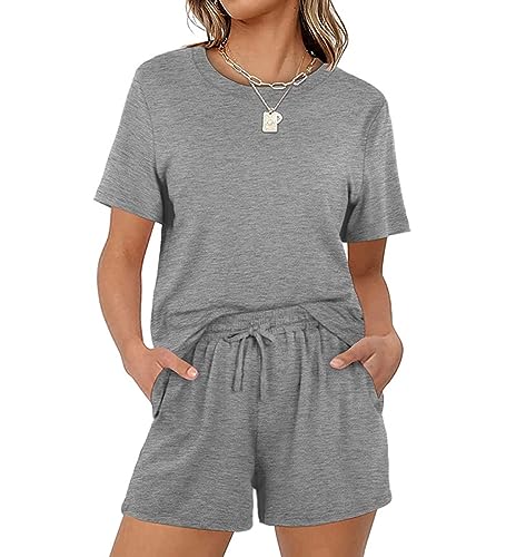 Acramy Damen Tshirt und Shorts Set 2 teiler Sommer Zweiteilig Kurz Schlafanzug Pyjama Set (Grau, S) von Acramy