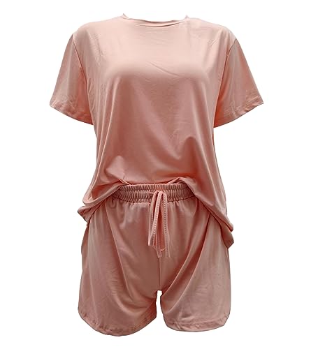 Acramy Damen Tshirt und Shorts Set 2 teiler Sommer Zweiteilig Kurz Schlafanzug Pyjama Set (Rosa, L) von Acramy