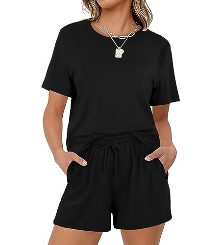 Acramy Damen Tshirt und Shorts Set 2 teiler Sommer Zweiteilig Kurz Schlafanzug Pyjama Set (Schwarz, M) von Acramy