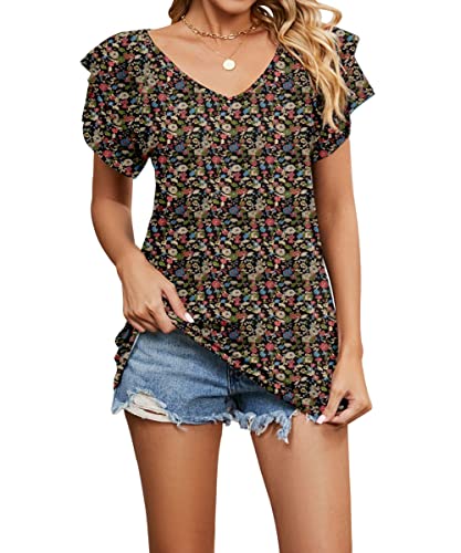 Acramy Damen Tunika Shirt Elegant Sommer Oberteile Kurzarm V-Ausschnitt T-Shirt (Blumen 1, M) von Acramy