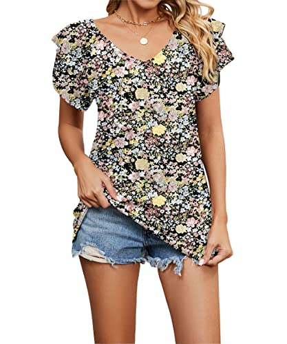 Acramy Damen Tunika Shirt Elegant Sommer Oberteile Kurzarm V-Ausschnitt T-Shirt (Blumen 3, L) von Acramy