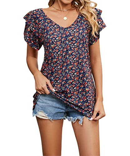 Acramy Damen Tunika Shirt Elegant Sommer Oberteile Kurzarm V-Ausschnitt T-Shirt (Blumen 4, M) von Acramy